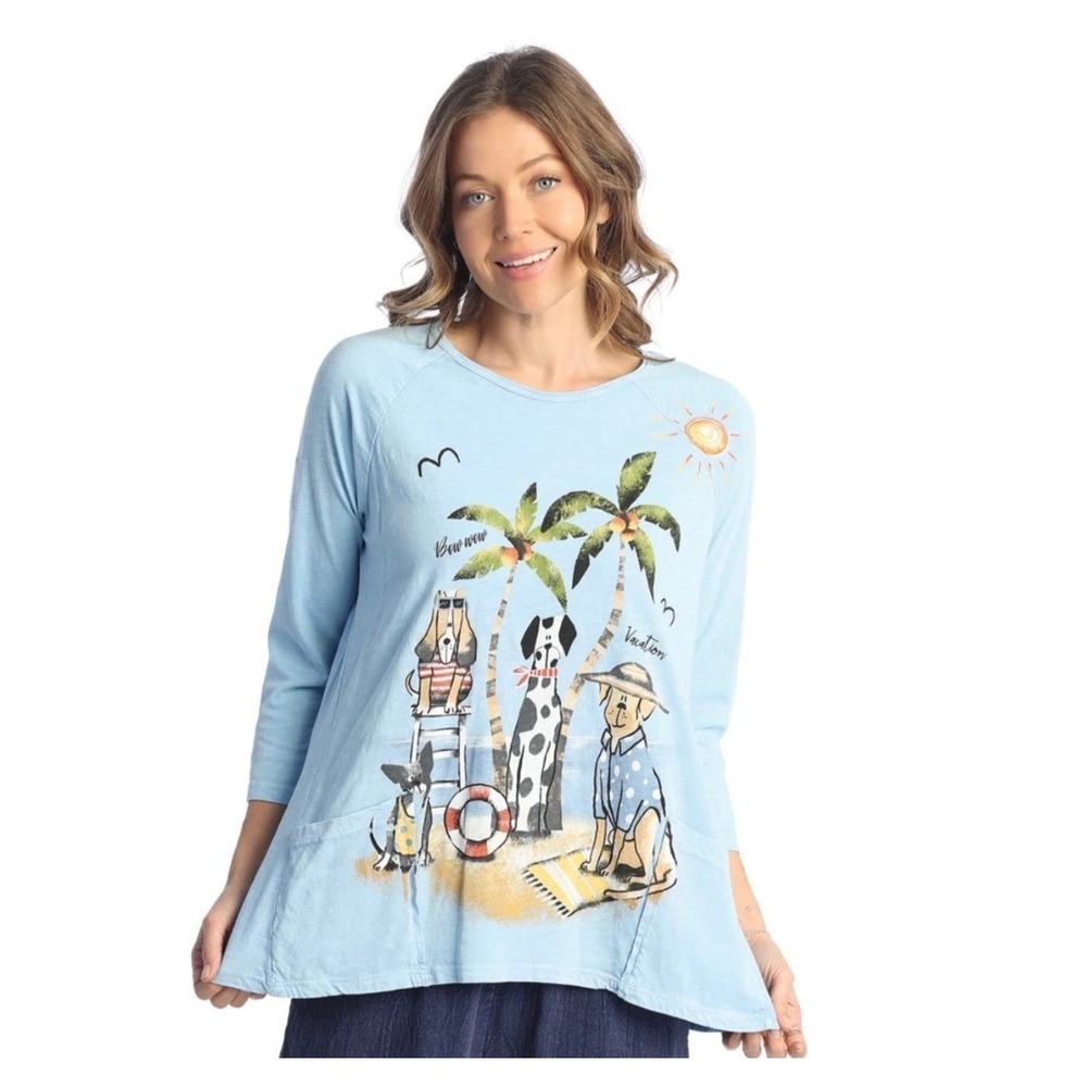 NEW Jess & Jane‎ Medium Aloha Dog Beach 100% Cotton Top Blue Whimper